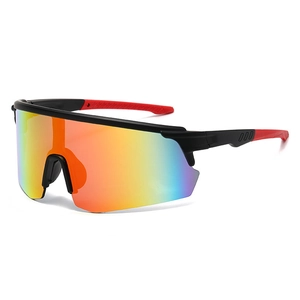 Schwarz-rote Oversized-Radbrille mit einteiligem Glas und Regenbogen-Verspiegelung