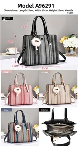 Detail view of large striped tote bag with size dimensions and multi-color interior layout