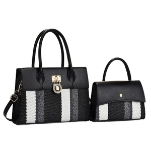 Women's black and white striped handbag set with large tote and mini top-handle bag