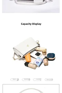 White shoulder bag capacity display showing phone, cosmetics and daily essentials