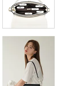Detail view of the multi-compartment interior and side view of the white shoulder bag