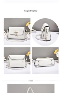 Detailed views of white crossbody bag featuring swan lock, metal chain, and protective feet