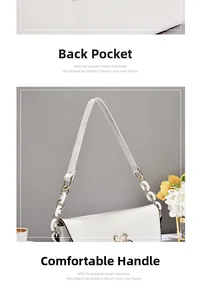 Detail of the white crossbody bag featuring the back pocket and comfortable top handle
