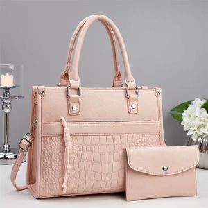 Elegant pink handbag set for women with matching wallet and textured faux leather finish
