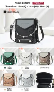 Detail view of stylish crossbody bag in 6 colors with metallic chain and rivet accents