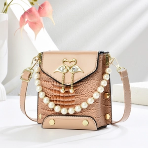 Elegant apricot crocodile texture crossbody bag with pearl handle and swan clasp