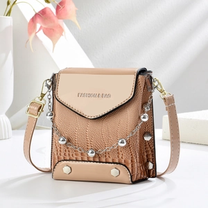 Chic beige crossbody phone bag with crocodile embossed texture and metal chain accent