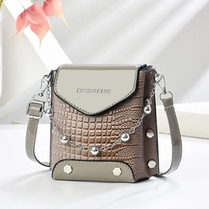 Taupe mini shoulder bag with crocodile texture and metallic chain, 2025 trendy style