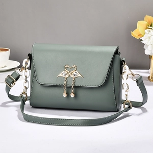 Morandi green PU leather crossbody bag with golden swan lock and pearl tassel charm