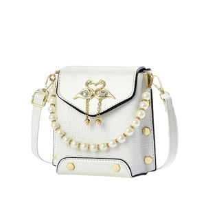 White crocodile pattern crossbody bag with pearl handle and swan hardware detail