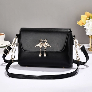 Women Crossbody Bag PU Leather Contrast Color Elegant Flap Shoulder Purse With Acrylic Metal Chain Artificial Pearl Swan Decor