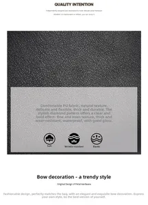 Detail of waterproof black lychee texture PU leather with decorative bow on stylish handbag