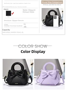 Size comparison and specifications chart for the stylish PU leather handbag with bow detail