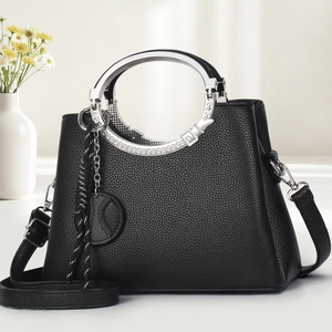 Sac à Main Vintage pour Femme en Cuir PU Grain de Litchi Avec Poignée Ronde en Métal Bandoulière Amovible Sac à Bandoulière Mode