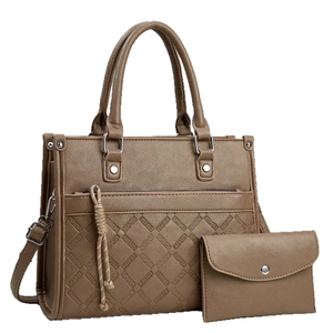 Grande borsa a mano marrone in ecopelle con motivo trapuntato e borsa per monete set
