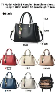 Leather handbag dimensions 28x12.5x19cm and internal compartments shown in detail