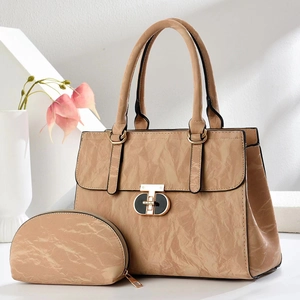 Beige pleated faux leather handbag and matching pouch set with metallic twist lock