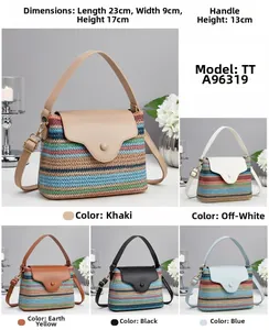 Detailed view of striped woven crossbody bag with size dimensions 23x9x17cm shown