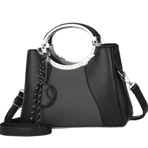 Classic black leather tote with silver round metal handles and detachable strap for women
