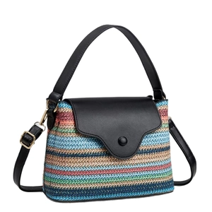 Colorful striped straw handbag with black leather flap and detachable crossbody strap