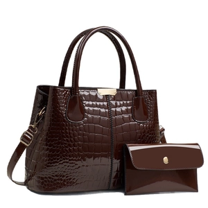 Dark brown crocodile pattern tote bag set with high-gloss finish and small matching wallet