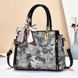 Vintage Floral Embroidery PU Leather Handbag With Satin Scarf For Women Elegant Top Handle Crossbody Shoulder Bag