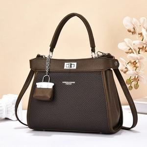 Sac à Main Élégant en Cuir PU et Tissu pour Femmes Grande Capacité Bandoulière de Navettage Avec Breloque de Verrouillage en Métal