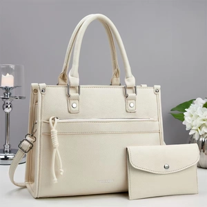 Chic beige crossbody bag with litchi texture and matching pouch set for women