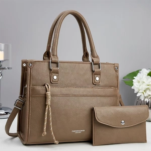 Mocha brown leather tote bag and envelope pouch set with detailed pebbled texture