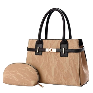 Retro beige pleated tote bag set with two pieces and brown strap for middle-aged women