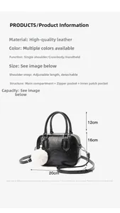 Detailed size chart for the minimalist black leather Boston crossbody handbag