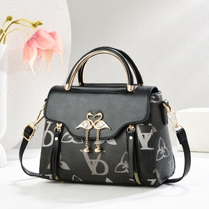 Women Shoulder Bag PU Leather Monogram Print Metal Handle Handbag Vintage Crossbody Purse With Swan Buckle Artificial Pearl Pendant