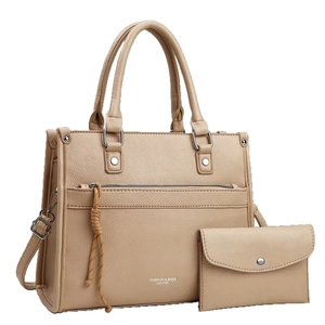 Women's 2-piece tan leather tote bag and clutch set with braided charm and silver hardware