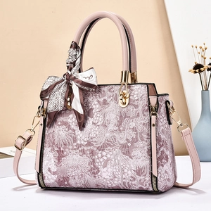 Retro floral jacquard handbag in pink purple with decorative silk scarf and gold hardware