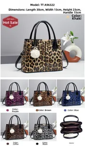 Detail of leopard print handbag showing glossy finish and plush ball keychain accessory