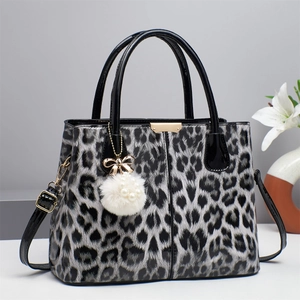 Women Leopard Print Top-Handle Handbag PU Leather Fashion Shoulder Crossbody Bag With Fur Ball Artificial Pearl Charm