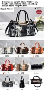 Detail view of crocodile texture handbag with pearl lace bow and size specifications