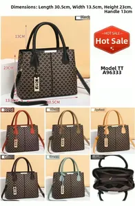 Detailed size chart and internal compartments of the geometric printed handbag