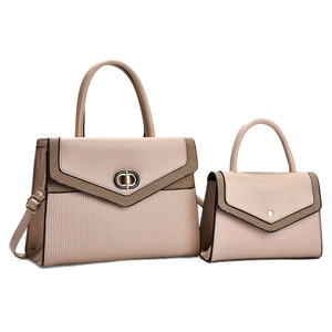 Retro nude apricot two-piece handbag set with vertical embossing and metal lock