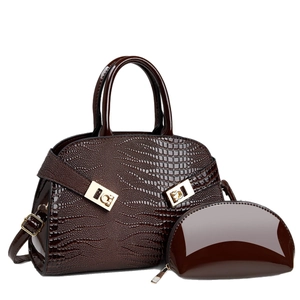 Dark brown crocodile embossed leather tote bag and matching purse with gold hardware