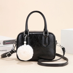 Women Boston Handbag Vintage PU Leather Oil Wax Texture Top Handle Shoulder Crossbody Bag With Furry Ball Pendant Charm