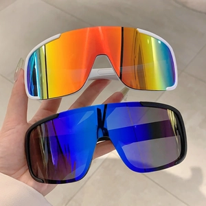 Outdoor sports sunglasses with large colorful mirrored lenses in white and black frames