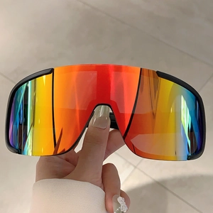 Detail of multi-color mirrored cycling lens with a sleek black matte sports frame