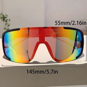 Front view of large frame sports sunglasses with colorful gradient lenses and dimensions