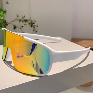 Outdoor sports cycling sunglasses with white frame and large colorful rainbow lenses