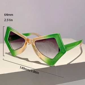 Detail view of oversized butterfly sunglasses with green gradient frames and 64mm height