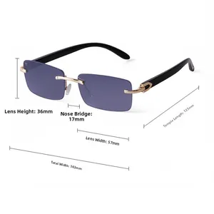 Detailed dimensions of rimless sunglasses with gradient lenses and wood grain temples
