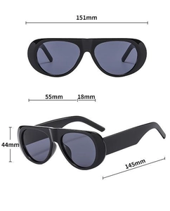 Detailed size chart of black oversized sunglasses showing full dimensions and frame width