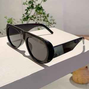 Detail view of bold black frames and wide temples of classic retro sunglasses