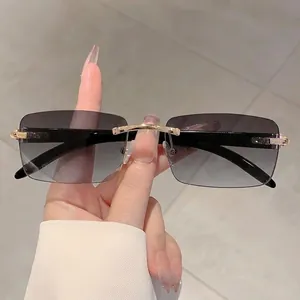 Rimless Rectangle Sunglasses Vintage Gradient Lens Metal Hinge Retro Eyewear For Men And Women Fashion UV Protection